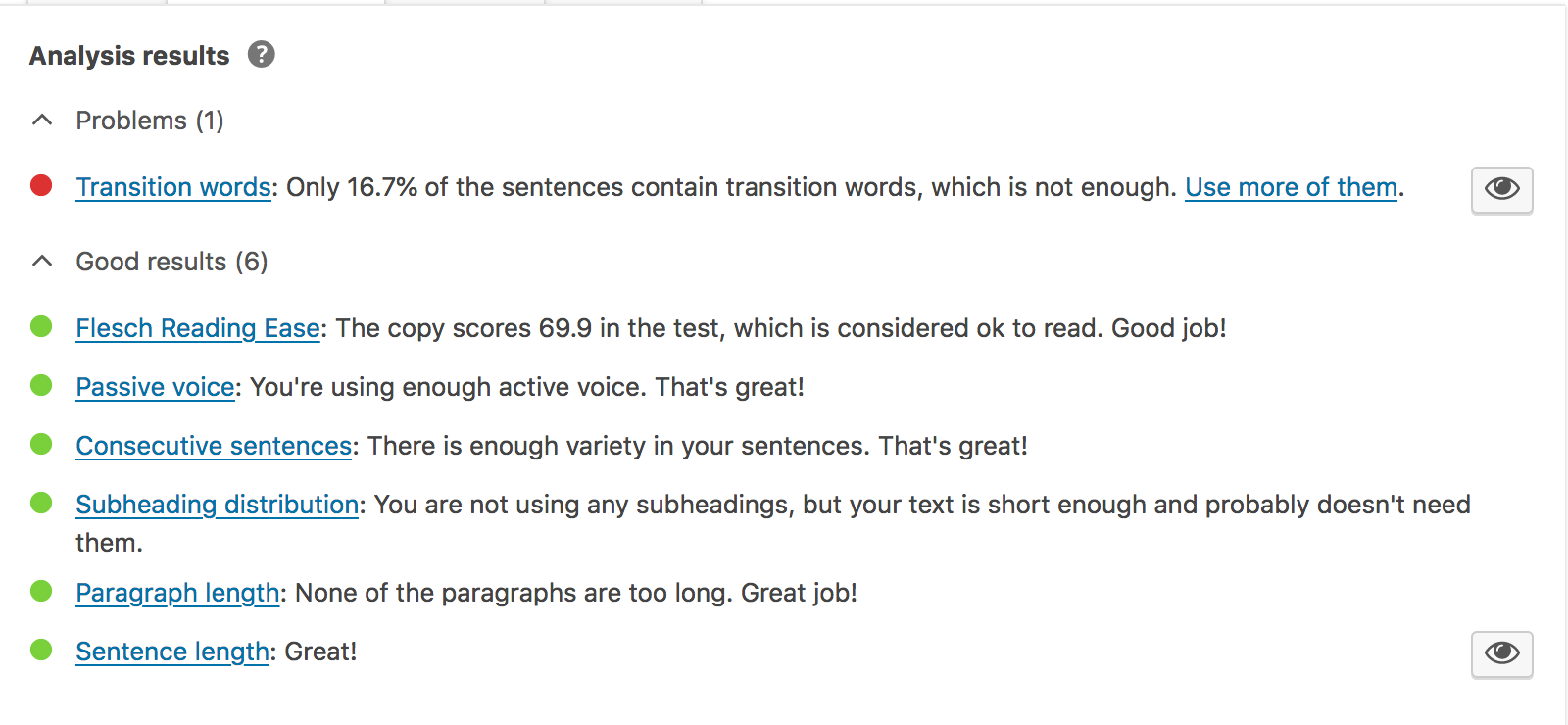 Example of the SEO & accessibility checks