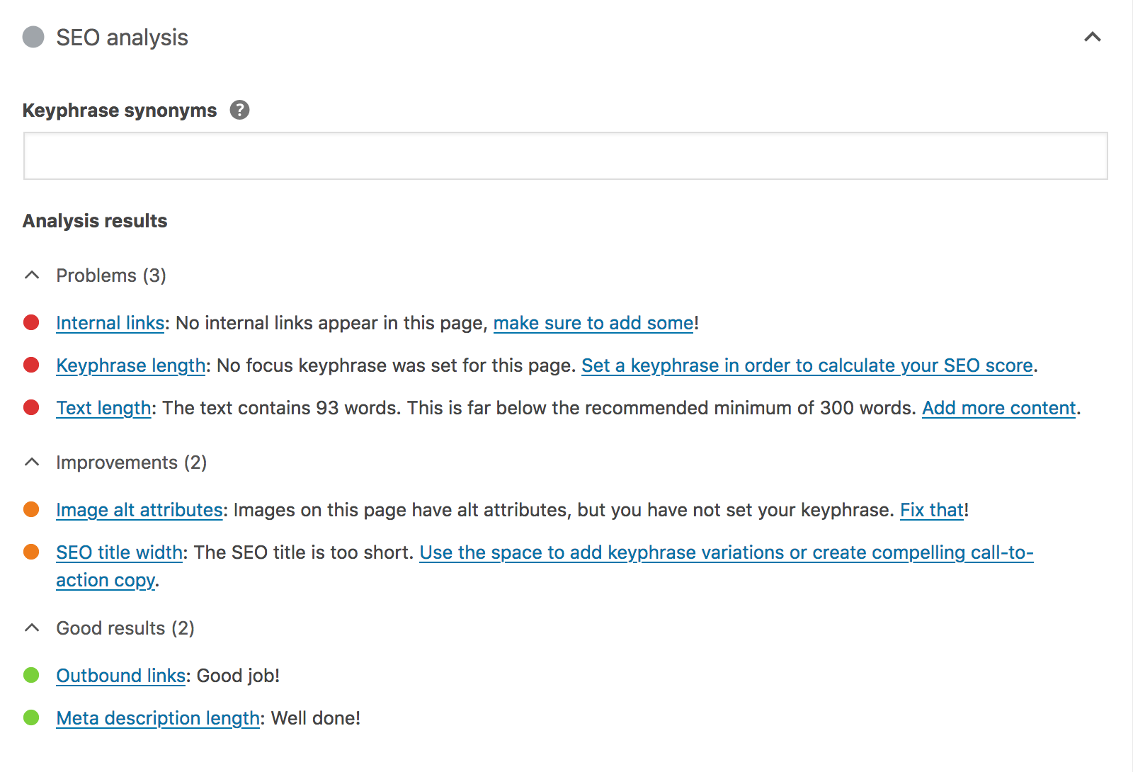 Example of the SEO & accessibility checks